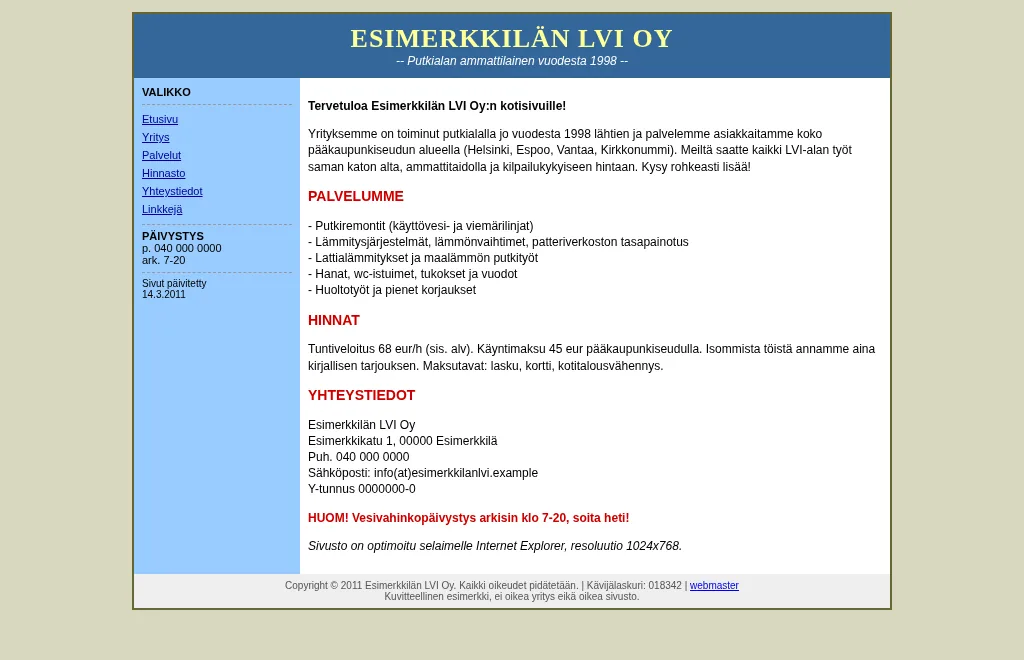 Kuvitteellisen LVI-yrityksen vanha sivu: kapea taulukkotaitto, pienet tekstit ja vuoden 2011 päivitysmerkintä.