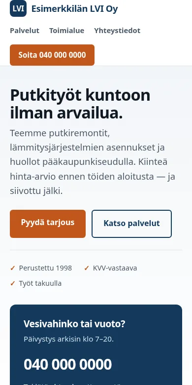 Sama esimerkkisivusto puhelimen näytöllä.